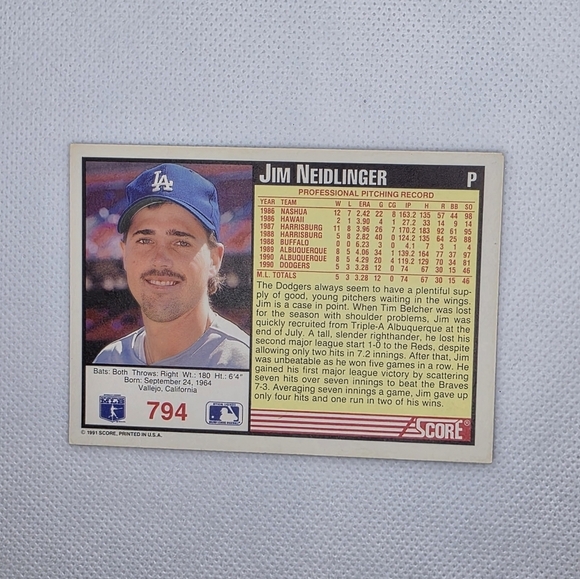 1991 Score Jim Neidlinger Los Angeles Dodgers #794 Rookie Baseball Card - Picture 3 of 4
